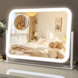 ROLOVE Lighted Makeup Mirror, 17"x13" Vanity Mirror with Lights and 10X Magnification, 3 Color Lighting Modes, Smart Touch Control, 360° Rotation for Bedroom or Tabletop (White)