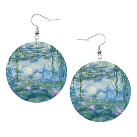 Monet Water Lilies Earrings Faux Leather Round Earring Lightweight Dangle for Women