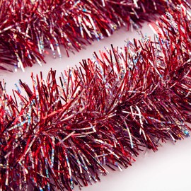 iPEGTOP 3 Pcs x 6.6ft Christmas Tinsel Garland, Classic Thick Colorful Reflections Shiny Sparkly Soft Party Hanging Tinsel Ornaments Ceiling Christmas Tree Decorations, 4 inch Wide - Red