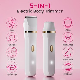 Electric Razors for Women, 5-in-1 Wet/Dry Bikini Trimmer with USB Charge Dock, Deluxe Facial Hair Removal, Wet/Dry Body Shaver for Nose Eyebrows Beard Underarm Leg Arm, IPX7 Waterproof (White)