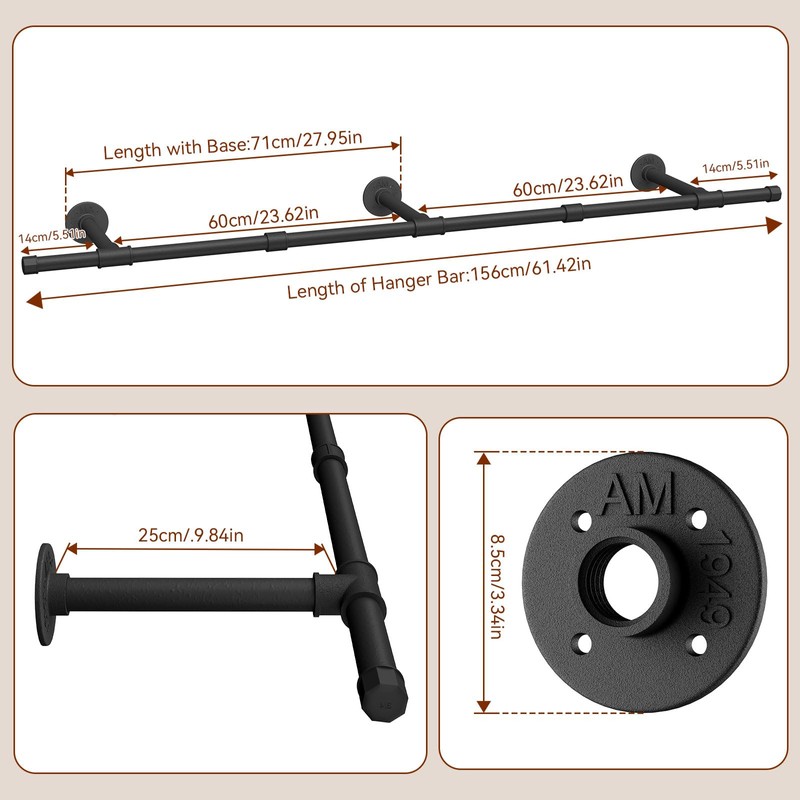 IBUYKE Industrial Pipe Clothes Rack, 61.4 Inch Wall Mounted Clothing