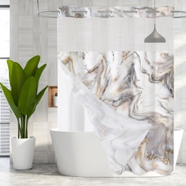 MitoVilla Grey Gold Marble Long Shower Curtain 72 x 80, No Hooks Required 80 inch Long Fabric Cloth Shower Curtain Set with Cloth Snap-in Liner for Modern Hotel Bathroom Decor