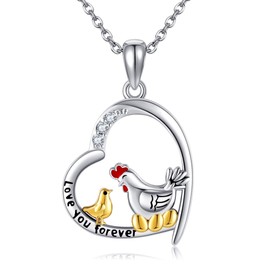 UCADRIT Chicken Necklace 925 Sterling Silver Hen Heart Pendant Necklace Animal Jewelry Present for Women, Medium, Sterling Silver, No Gemstone
