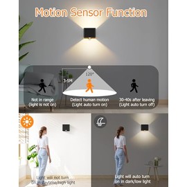 Kinamy Kinamy Wandleuchte mit Bewegungsmelder Innen, LED Wandlampe Up Down, Wandbeleuchtung Moderne Schwarz, Wandleuchten fr Flur, Treppen, Kche, Wohnzimmer, Schlafzimmer, 2 Stck