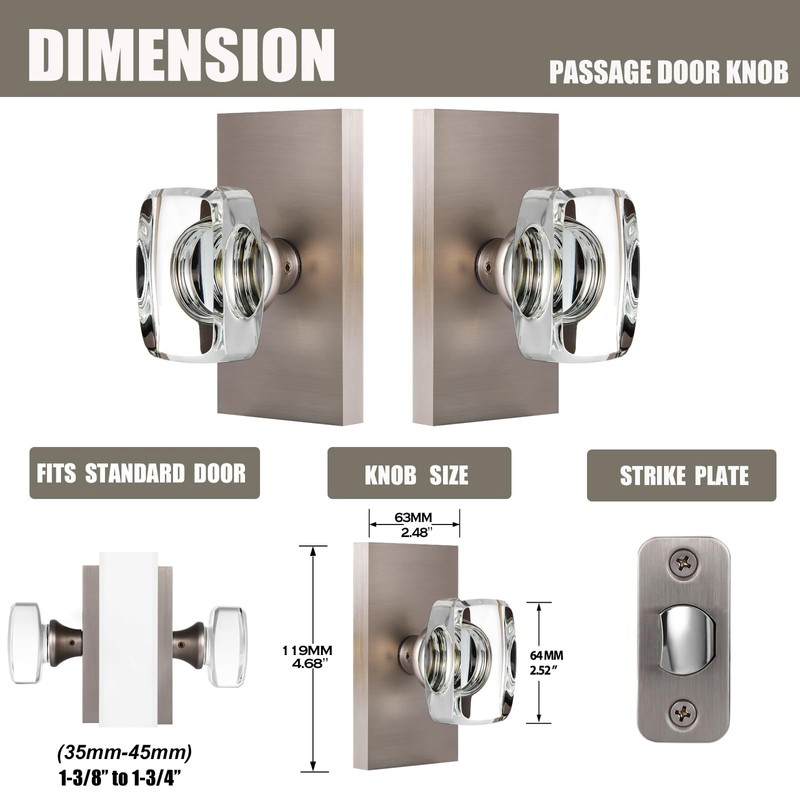 HIEMEY Crystal Glass Passage Door Knobs Interior, Modern Brushed Nickel