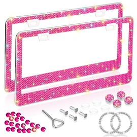Car Bling License Plate Frame 2 Pack, Sparkly 2 Holes Acrylic Crystal Stainless Steel Universal License Plate Frame with Screw Caps Covers for US Auto Vehicles (Pink)