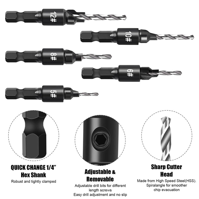 Countersink Drill Bit Set, 5 Piece Plug Cutters for Wood