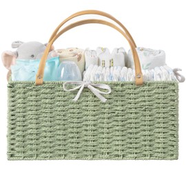 HBlife Large Baby Diaper Caddy Organizer Green, Paper Rope Storage Baskets Nursery Bin with Removable Divider, Portable Car Organizer for Diapers, Baby Shower Gifts, Newborn Essentials Must Haves