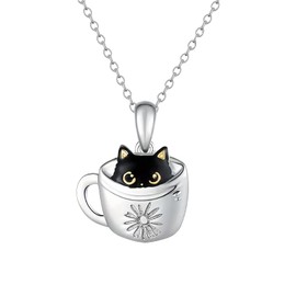 DkakoJew Beautiful Black Cat Necklace for Girls, Girls Cup Cat Pendant Necklaces, for Girls Jewellery Gift for Girls Daughter Granddaughter Niece Girls Birthday Gift, Stainless Steel