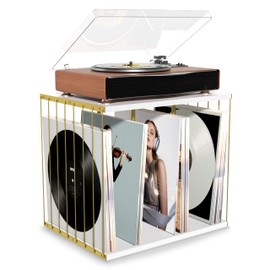 Emfogo Vinyl Record Storage, Metal & Wooden Vinyl Record Holder Up to 80 Album, 3-Compartment Record Player Stand for Magazine, Book, Files, Albums (White)