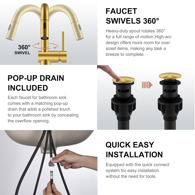 KENES Brushed Gold Single Handle Bathroom Faucet with Pull Out