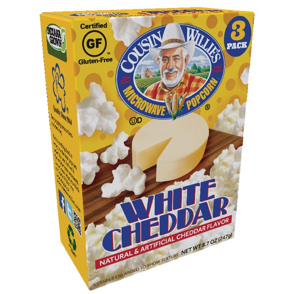 Cousin Willie's Simply Better White Cheddar Popcorn (3 Pack, 8.7oz) - Unbeatable Flavor - Cholesterol Free - Made in the USA