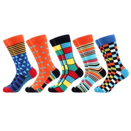 WeciBor 5 Pairs Men's Funny Colourful Casual Novelty Combed Cotton Socks, Red-Orange/Blue/Multicolor Geometric-5M