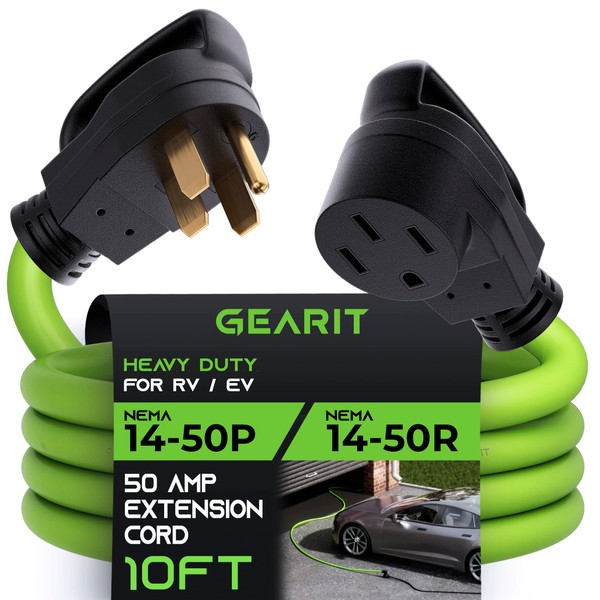 GearIT 50-Amp Extension Cord for RV and EV (10 ft) 4-Prong 250-Volt, Tesla Model 3/S/X/Y, NEMA 14-50P to 14-50R 6/3, 8/1 STW AWG Gauge Outdoor Auto Power Cord - 10 Feet