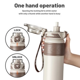 TKK 24 oz Insulated Water Bottle with Straw, Leak Proof Stainless Steel Double Wall Vacuum Thermos with Strap, Reusable Metal Sports Water Bottle for Hot & Cold Drinks, Dishwasher Safe, Khaki