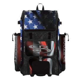 Boombah Rolling Catchers Superpack 2.0 Baseball/Softball Gear Bag - 23-1/2" x 13-1/2" x 9-1/2" - USA Black Ops Black/Royal Blue/Red - Telescopic Handle - Holds 4 Bats - Wheeled Version
