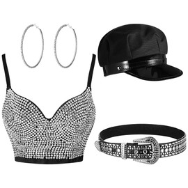 Tisancy 4 Piezas Top Corto con Corpiño y Diamantes de Imitación para Mujer con Cinturón Sombrero Aretes de Aro (M)