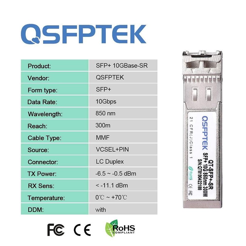 QSFPTEK 10G SFP+ SR Multimode Module 10GBASE-SR 850nm 300M DDM