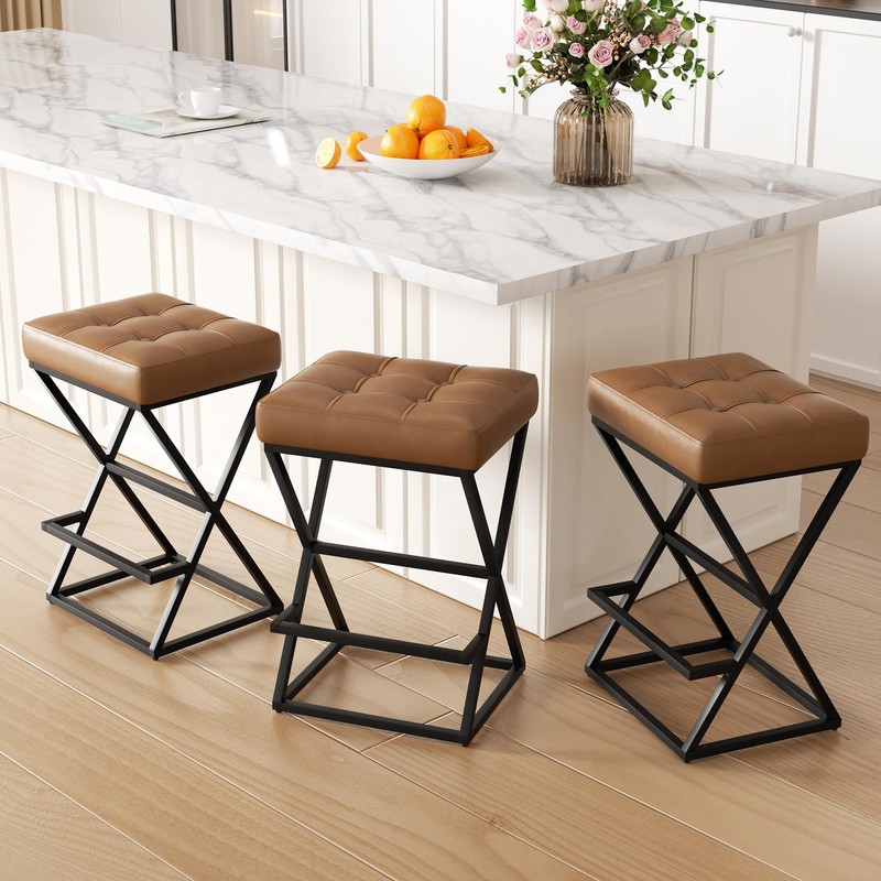 Bar Stools Set of 2, 26" Leather Counter Height Bar