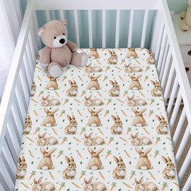 Cute Bunnies Fitted Baby Crib Sheet for Boy Girl 52"x28" Easter Rabbits Carrots Leaves Crib Mattress Cover Spring Bunny Baby Sheets for Standard Crib and Toddler Bed Mattress