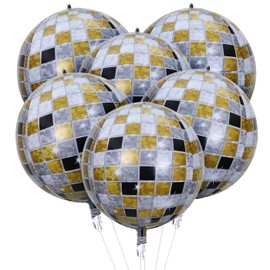 HOUSE OF PARTY 4D Sphere Balloons Pack of 6 - Disco Black and Gold Foil Balloons 22 Inches Disco Ball Balloons Mylar Balloons for Graduation Party Decorations