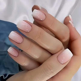 24 PCS False Nails, Short Fake Nails, Press on Nails, Pink Gradient False Nails, French False Nails, Nails French Tip, Press on Nails Short, False Nails for Women and Girl (Pink Gradient, Fingernail)