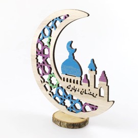 KYMY Eid Mubarak Wood Table Stand Sign Ornaments, Moon Star Castle Tabletop Decorations, Ramadan Kareem Centerpieces for Islamic Muslim Festival Party Home Room Craft Supplies