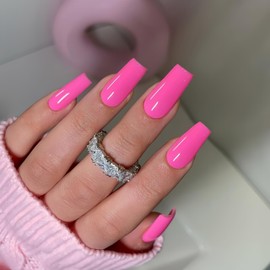 KQueenest Long Medium Press On Nails Coffin Nails Press Ons Gloss, Vibrant Hot Pink Color Full Cover Long Fake Nails For Women, Thick Gel Square Tip Nails Acrylic False Nails Set, 24 Pcs