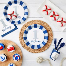 Juvale 144-Piece 1st Birthday Decorations Boy Set - Nautical Decor - Disposable Nautical 1st Birthday Plates & Napkins Party Supplies - Complete One-Year-Old Celebration Kit - Blue & White