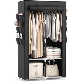 VTRIN Portable Closet Wardrobe Closet for Hanging Clothes with 4 Storage Shelves, 2 Hanging Rods and 6 Pockets, Stable and Easy Assembly Clothes Rack with Cover Free Standing Closet for Bedroom, Black