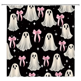 FJLLFJ Halloween Ghost Shower Curtain,Cute Spooky Bow Festival Black White Pink Polyester Bathroom Curtain with 12 Hooks,Bathtub Home Decor,70x70 Inch