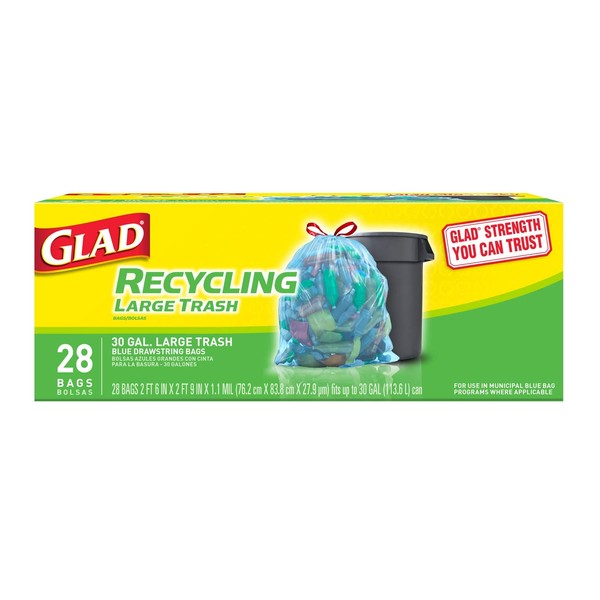 Glad Recycling Large Drawstring Blue Trash Bags - 30 Gallon - 28 Count (Packaging May Vary)