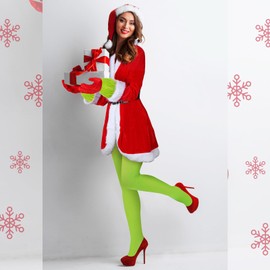 Funtery 5 Pcs Santa Claus Costume Women Christmas Suit Including Velvet Dress with Belt, Hat, Striped Tights, Velvet Gloves (Medium,Fluorescent Green)