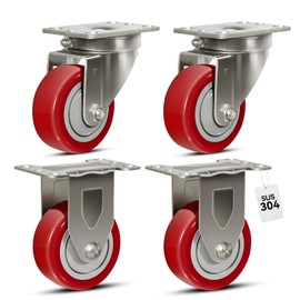 NINOSO 3" Caster Wheels, Stainless Steel Casters Set of 4 Heavy Duty, Anti-Corrosion Polyurethane Industrial Caster Wheels for Cart (2 Swivel& 2 Rigid)