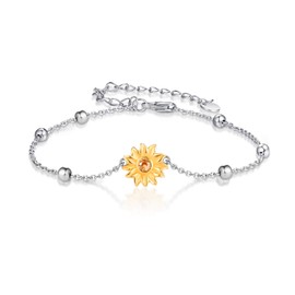 Sunflower Bracelets for Girls 925 Sterling Silver Gold-Plated Sunflower Link Bracelet Gifts for Women, Silver