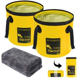 AUTODECO - Paquete de 2 cubos plegables de 5 galones, cubeta de agua plegable portátil para exteriores, viajes, camping, pesca, jardinería, lavado de coches, amarillo, 20 litros