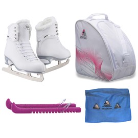 Jackson Ultima Finesse JS181 Figure Ice Skates Bundle with Skate Guards, Skating Bag, Towel/Color:Fleece+Pink/Width: Medium/Size: Youth 2 (Kid's)