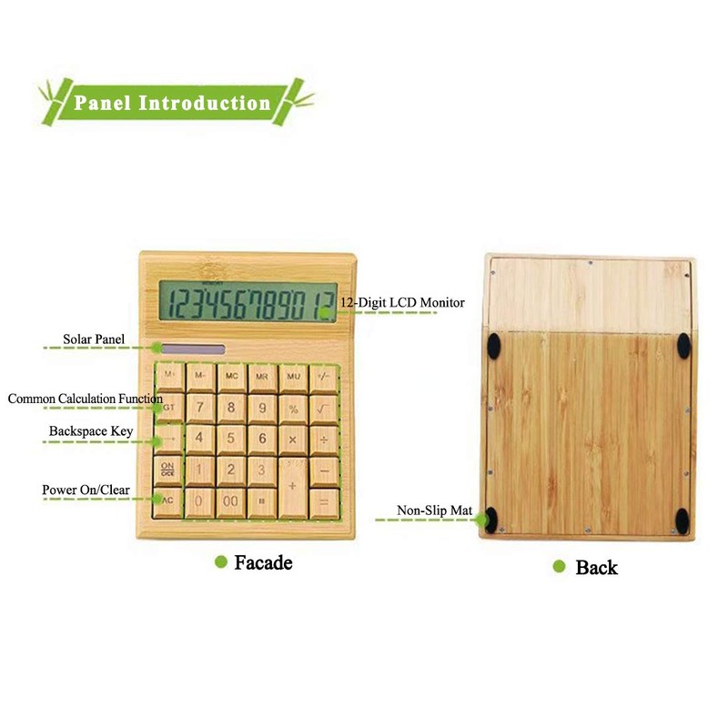 Omio Natural Bamboo Solar Multifunctional Wood Calculator - 12-Digit Large