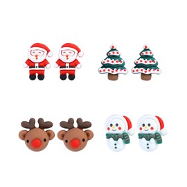 Dumcondy Christmas Earrings Stud Santa Elk Reindeer Snowman Tree Funny Cute Jewelry Cartoon for Women Lady Girls Resin Acrylic Xmas Gifts (4 Pairs/Set)