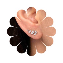 Yheakne Vintage Rhinestone Leaf Ear Climber - Silver Crystal Stud Earrings With Sparkle CZ Crawler - Cute Botanical Plant Jewelry for Women