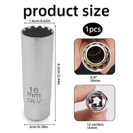 16mm Spark Plug Socket,12 Point Thin Wall Spark Plug Removal Tool, 3/8 Inch Drive Thin Wall Magnetic Removal Tool, Automobile Sparking Plugs Wrench for Most of Car and Motorcycle