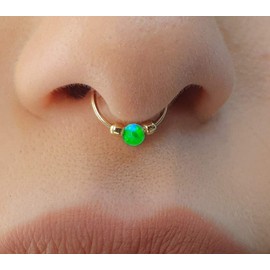 Fake Gold Septum Hoop - Green Opal Faux Septum Ring - Thin 22 Gauge 14k Gold Filled Clip On Septum Piercing For Women - No Piercing Needed