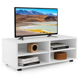 LOKO 4 Cubby TV Stand for 40+ Inch TV, White Wood TV Media Console Table with 4 Storage Cubbies, Adjustable Footpads & 5-Position Adjustable Shelves, Entertainment Center with Storage for Living Room