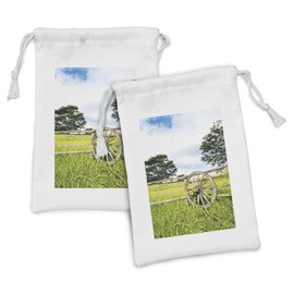 Ambesonne Barn Wood Wagon Wheel Fabric Pouch Set of 2, Fresh Green Meadow Ranching Fences Growth Rural Landscape Trees, Small Drawstring Bag for Toiletries Masks and Favors, 9" x 6", Multicolor