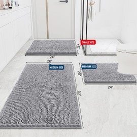 Smiry Luxury Chenille Bath Rug 47''x20'', Extra Soft and Absorbent Shaggy Bathroom Mat Rugs, Machine Washable, Non-Slip Plush Carpet Runner for Tub, Shower, and Bath Room, Grey