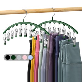 Legging Organizer for Closet, Metal Yoga Pants Hangers 2 Pack w/10 Clips Holds 20 Leggings, Space Saving Hanging Closet Organizer w/Rubber Coated Closet Organizers and Storage, Green