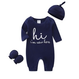 Baby Boy Girl Outfits Jumpsuit with Hat and Gloves for 0-3 Months Unisex Baby Romper Navy Blue
