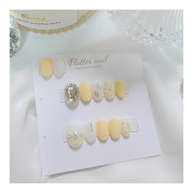 Yellow tweed pearl handmade nail tip - Almond / 옐로우