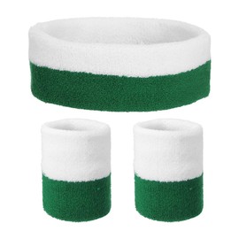 sourcing map Sweat Band Set Sports Terry Cloth Headband Wristband Set 7"x2" Moisture Wicking Sweat Absorbing Head Band for Women Men Workout Exercise Basketball(Green/White)