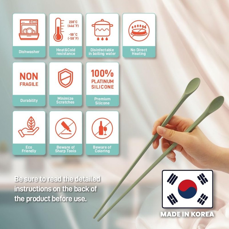 RECOHOME Premium Korean Silicone Cooking Chopsticks with Spoon Tip –
